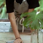 Home Crop casual female in apron with microfiber cloth cleaning wooden table with glass transparent vase and green plant